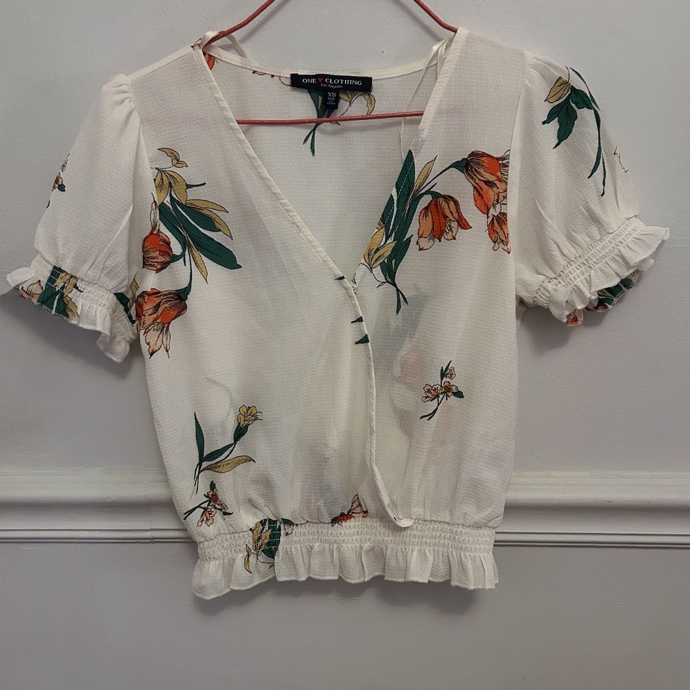White Blouse with Flowers - Size XS
